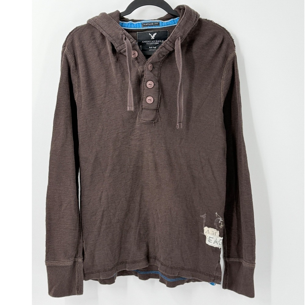 Vtg Y2K American Eagle Hoodie Henley Mens sz M Brown Grunge Waffle Knit preppy